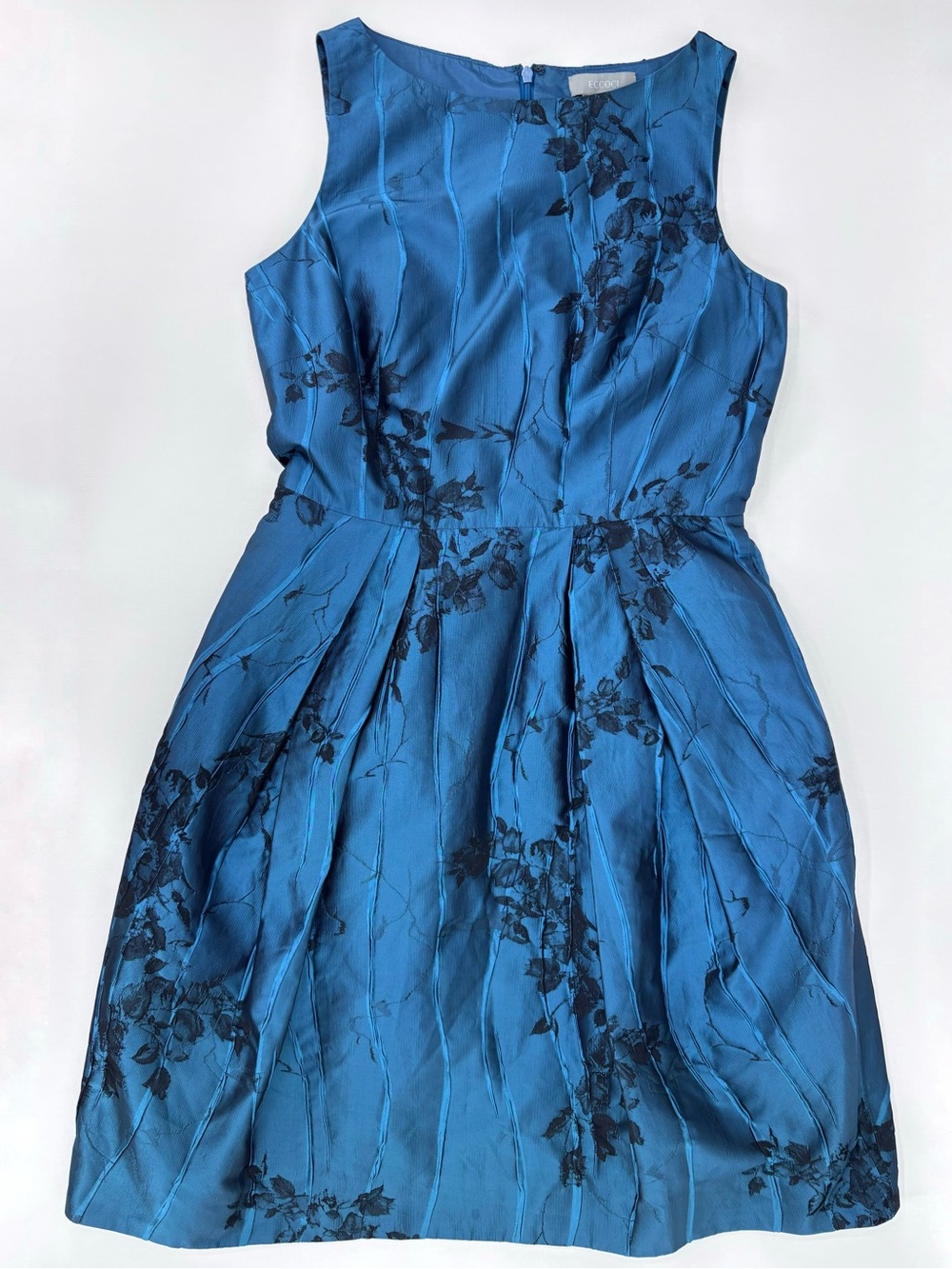 Eccoci Satiny Steel Blue Floral Jacquard Belted Midi Cocktail Dress, 12